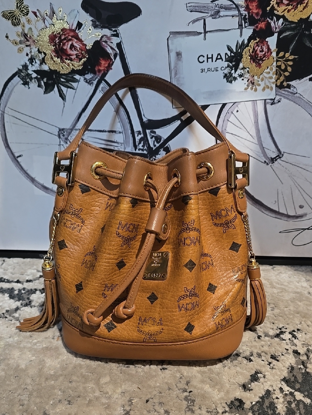 MCM Cognac Visetos Tan Drawstring Bucket Bag with Tassels